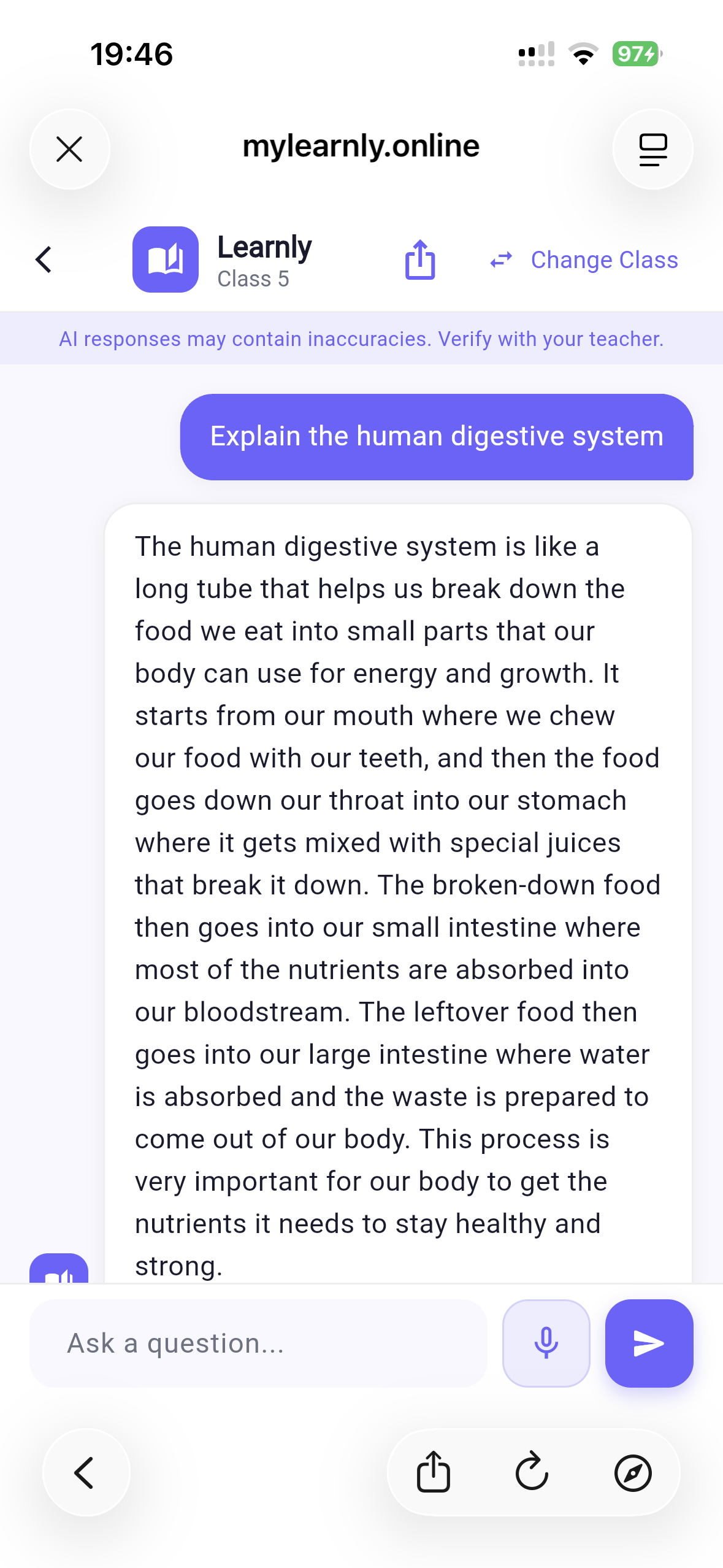 Learnly application screenshot showing class 5 learner