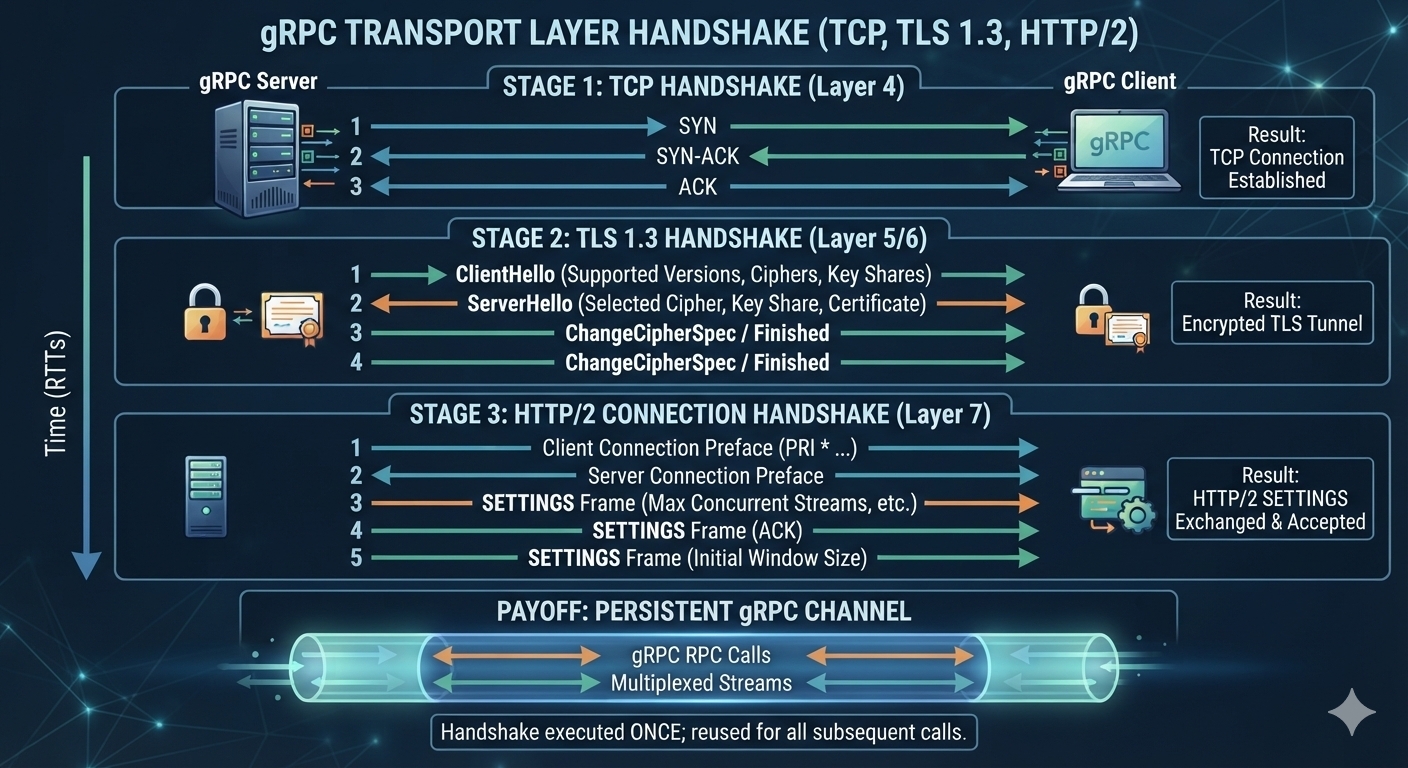 Diagram of the gRPC transport handshake in three stages between a gRPC server and a gRPC client. Stage 1, TCP handshake: SYN, SYN-ACK, ACK, giving an established TCP connection. Stage 2, TLS 1.3 handshake: ClientHello with supported versions, ciphers and key shares, ServerHello with the selected cipher, key share and certificate, then Finished messages, giving an encrypted TLS tunnel. Stage 3, HTTP/2 connection handshake: client and server connection prefaces and SETTINGS frames with acknowledgements, giving exchanged and accepted HTTP/2 settings. The payoff is a persistent gRPC channel carrying many multiplexed RPC calls, with the handshake executed once and reused.