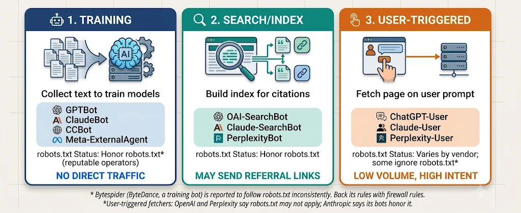 The three jobs of AI bots. Training (GPTBot, ClaudeBot, CCBot, Meta-ExternalAgent) collects text to train models and sends no direct traffic. Search/Index (OAI-SearchBot, Claude-SearchBot, PerplexityBot) builds an index for citations and may send referral links. User-triggered (ChatGPT-User, Claude-User, Perplexity-User) fetches a page when a person asks, with low volume but high intent.