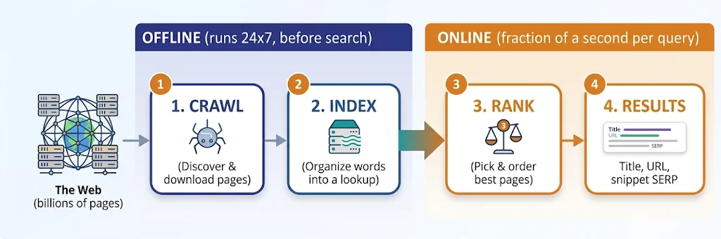 Pipeline diagram: the web's billions of pages feed an offline stage that runs 24x7 (1. Crawl: discover and download pages, 2. Index: organize words into a lookup), followed by an online stage that runs in a fraction of a second per query (3. Rank: pick and order the best pages, 4. Results: title, URL and snippet).