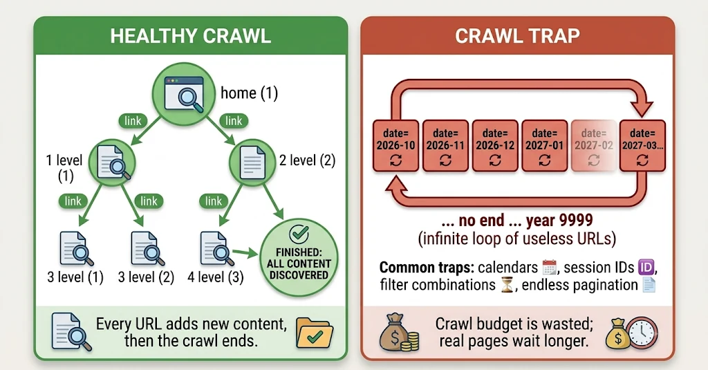 Left: a healthy crawl where every URL adds new content, then the crawl ends. Right: a crawl trap, an infinite loop of calendar URLs (date=2026-10, 2026-11 and on to year 9999) that wastes crawl budget so real pages wait longer. Common traps are calendars, session IDs, filter combinations and endless pagination.