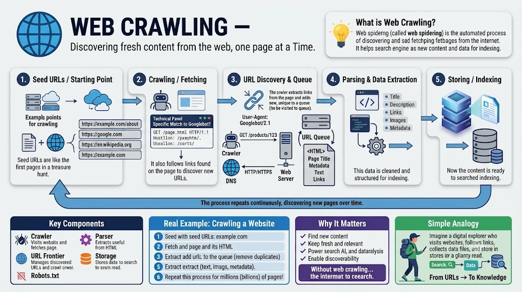 Web crawling overview infographic: seed URLs, crawling and fetching, URL discovery and queue, parsing and data extraction, then storing and indexing, repeating continuously to discover new pages over time.