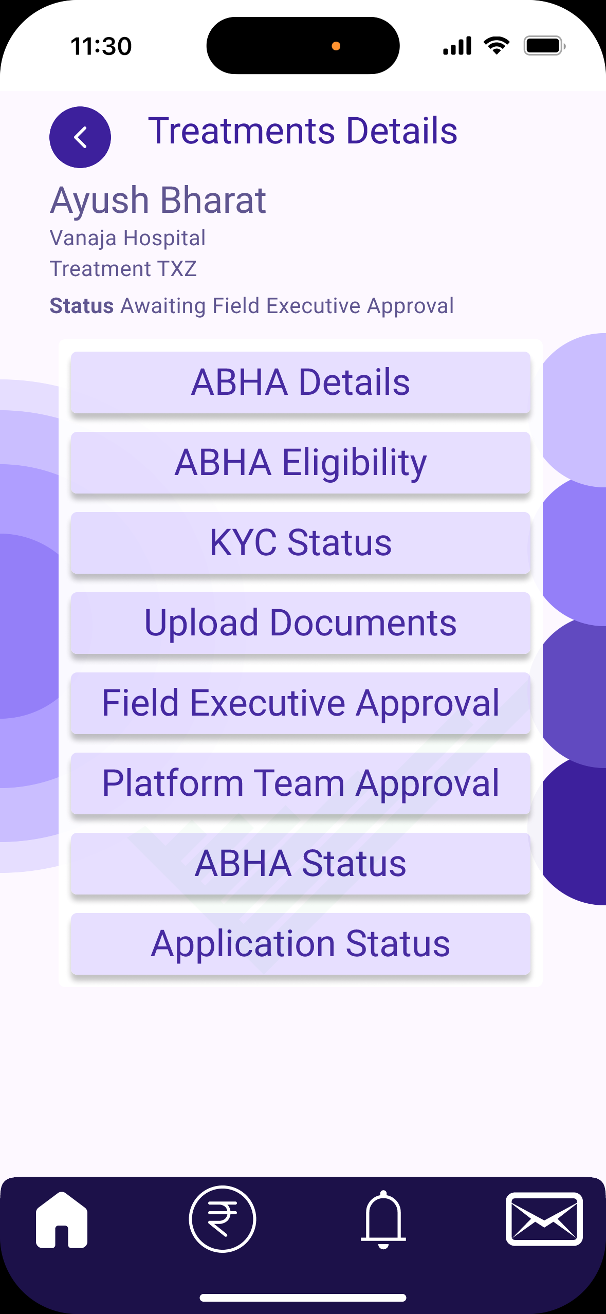 Med Sys app screenshot showing Treatment Details and insurance workflow