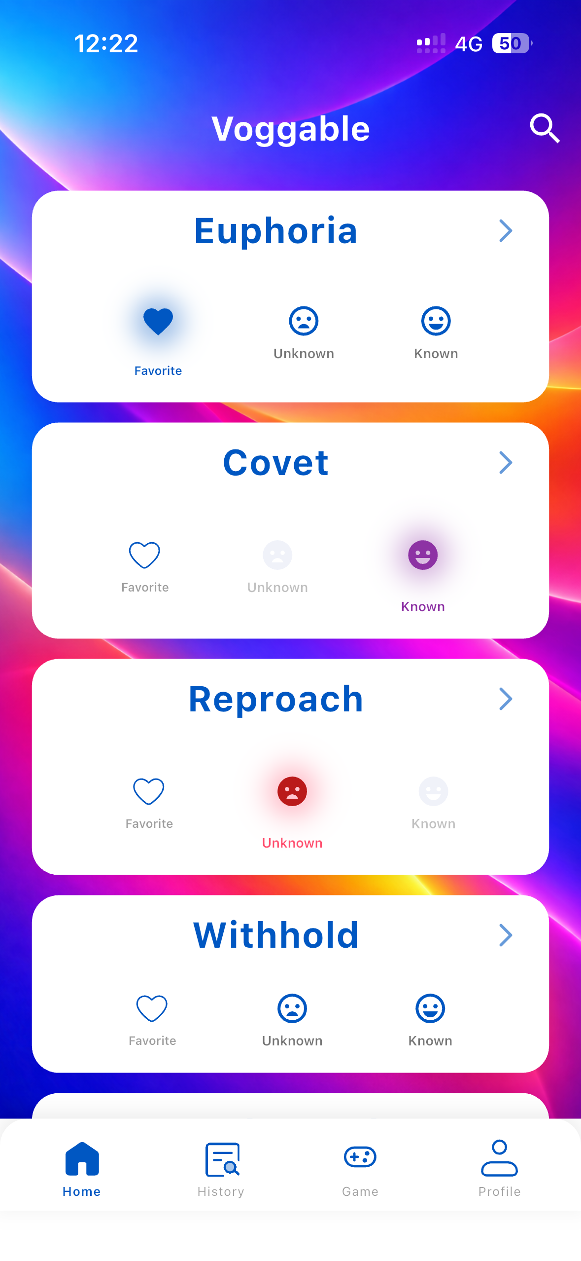 Voggable app screenshot showing vocabulary words